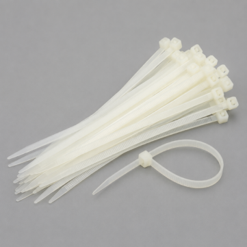 Bundle of natural nylon cable ties neatly arranged on a light grey background, with one cable tie looped to demonstrate the locking mechanism. Ideal for electrical, cable management, and general fastening applications.