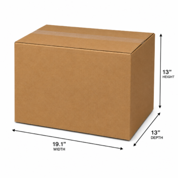 Large brown cardboard box shown open with four flaps, measuring 19.1 inches wide, 13 inches deep and 13 inches high