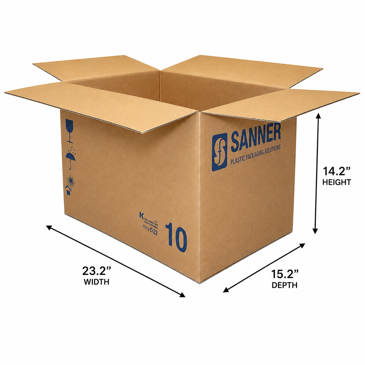 Large brown cardboard box, with various print on the outside of the box shown open with four flaps, measuring 23.2 inches wide, 15.2 inches deep and 14.2 inches high